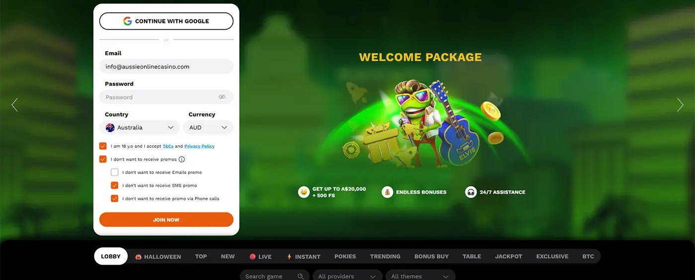 LevelUp Casino lobby on an Australian account